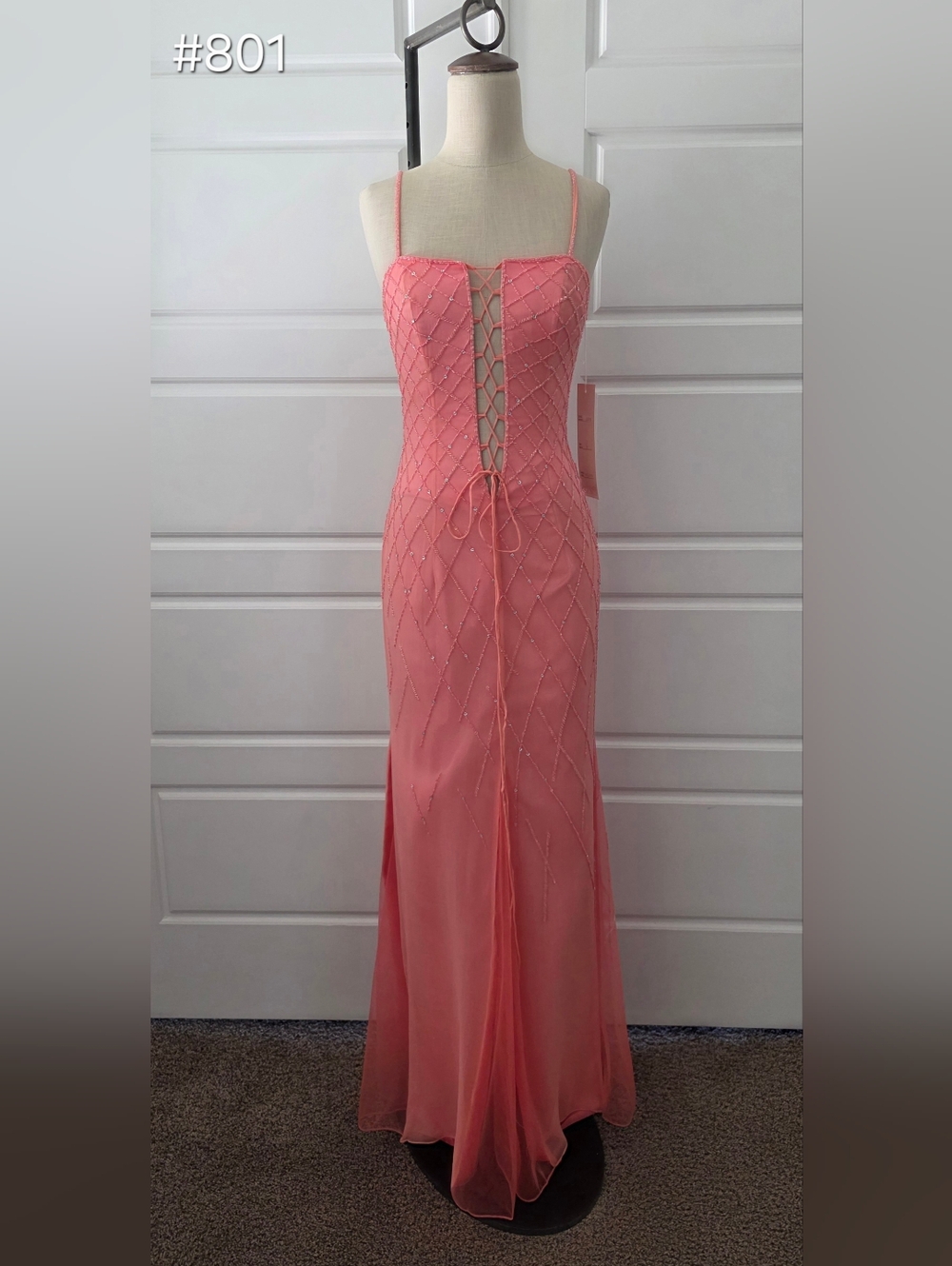 Coral Silk Beaded Lace-Up Fit & Flare Prom Dress/Evening Gown